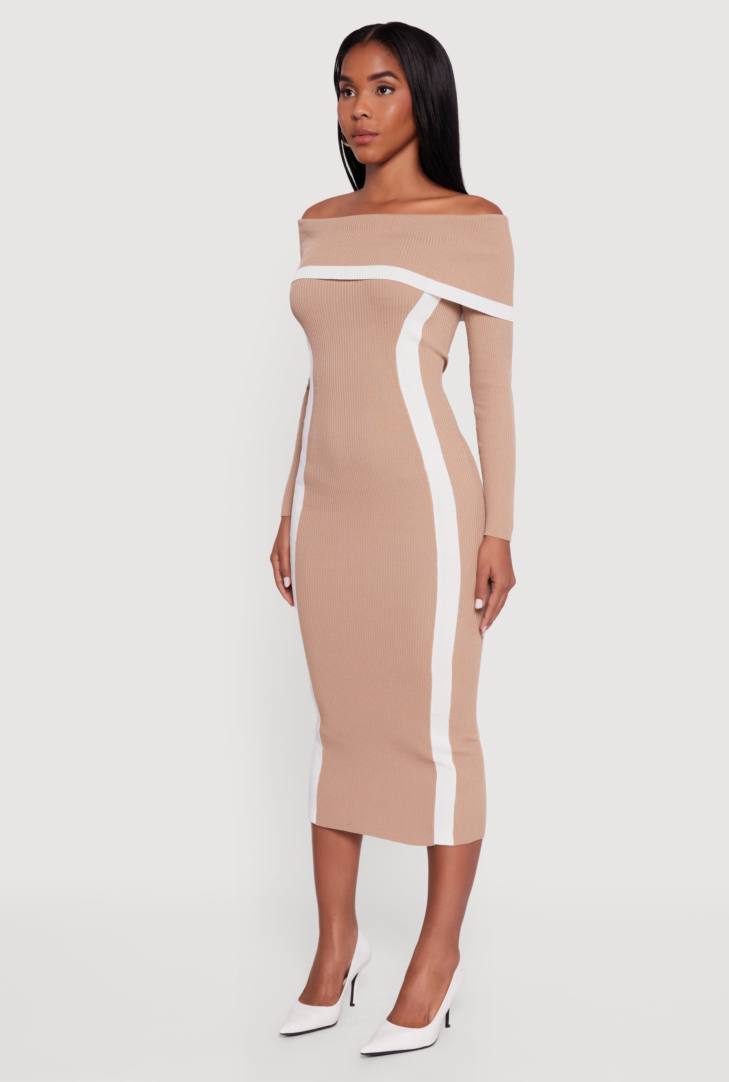 Contrast Trim Ribbed Knit Sweater Dress