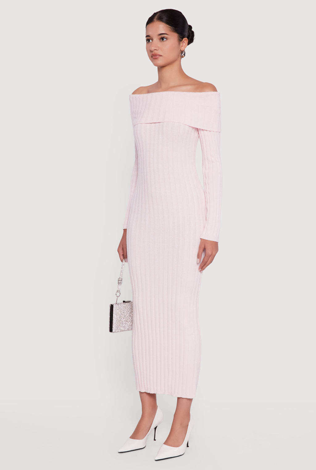 Rib Knit Fold Over Off the Shoulder Maxi Dress